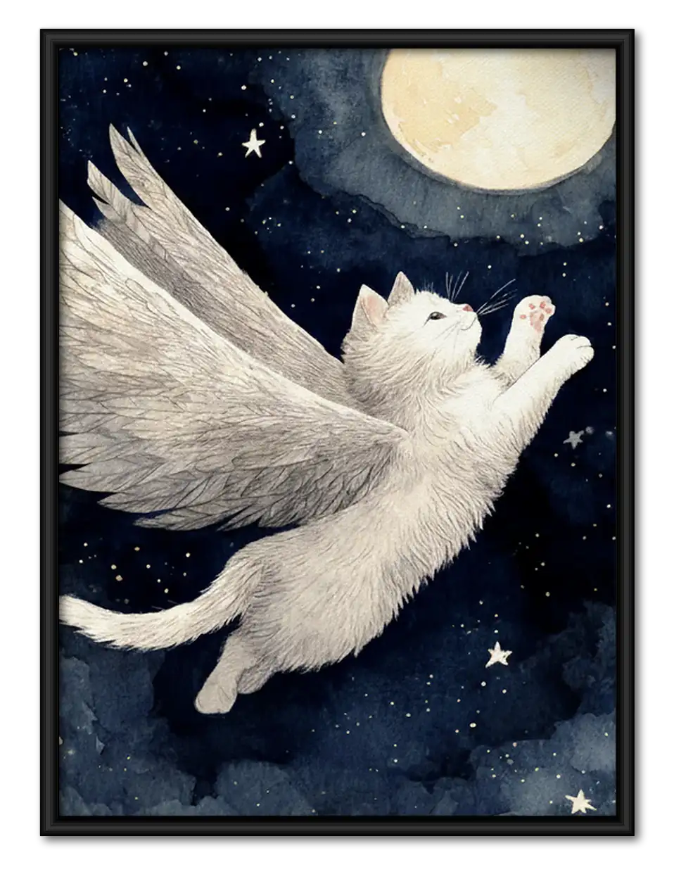 White Cat Flying beneath Moon Wall Art 1