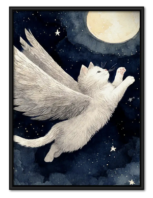 White Cat Flying beneath Moon Wall Art