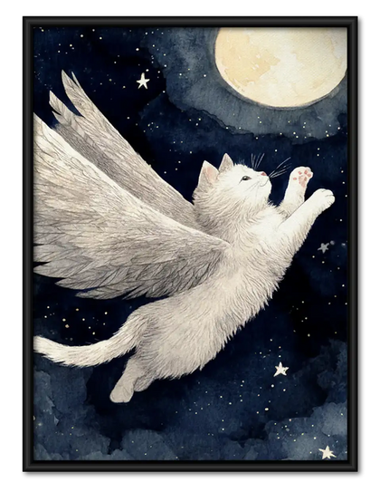 White Cat Flying beneath Moon Wall Art