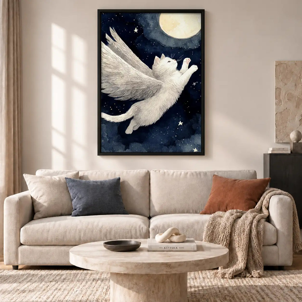 White Cat Flying beneath Moon Wall Art 2