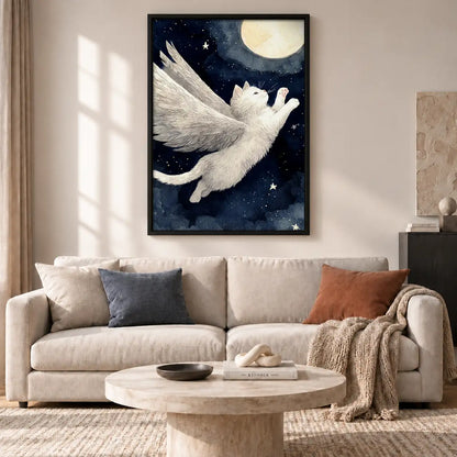 White Cat Flying beneath Moon Wall Art 2