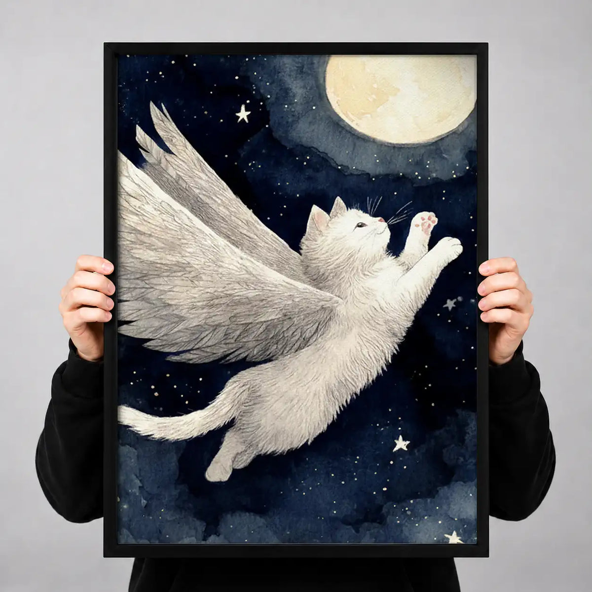 White Cat Flying beneath Moon Wall Art 3