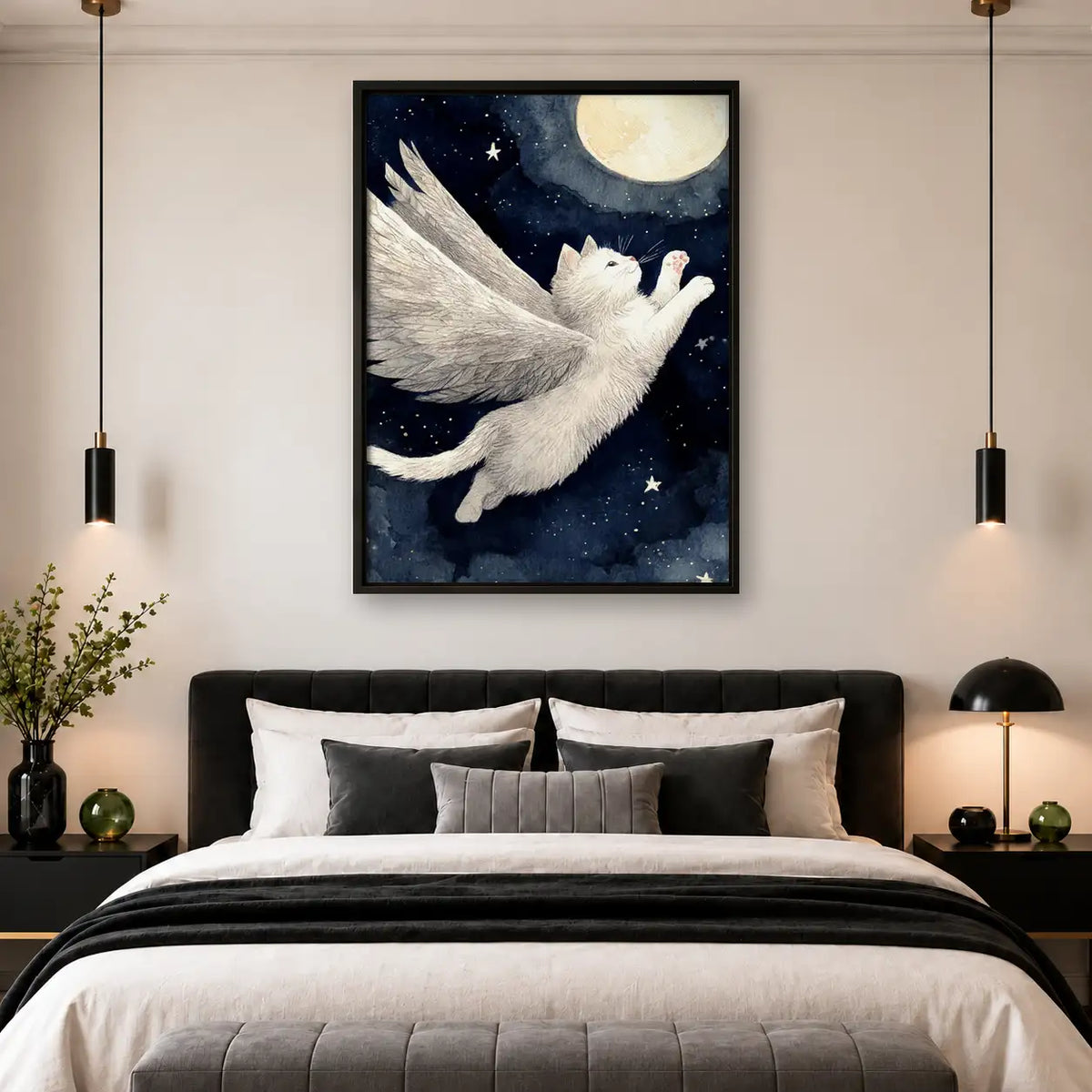 White Cat Flying beneath Moon Wall Art 4