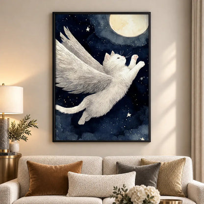 White Cat Flying beneath Moon Wall Art 5