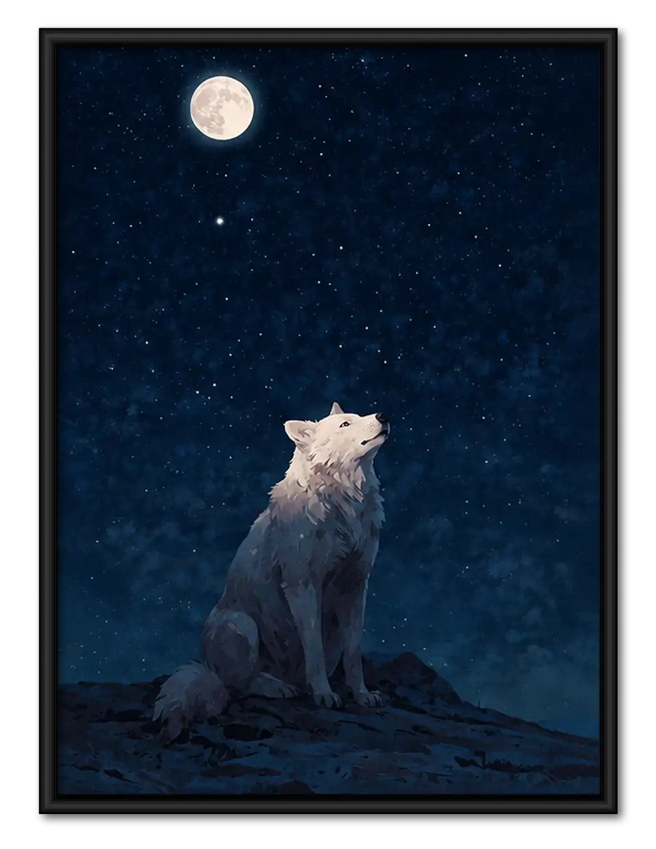 White Cat Gazing at Full Moon Wall Art 1