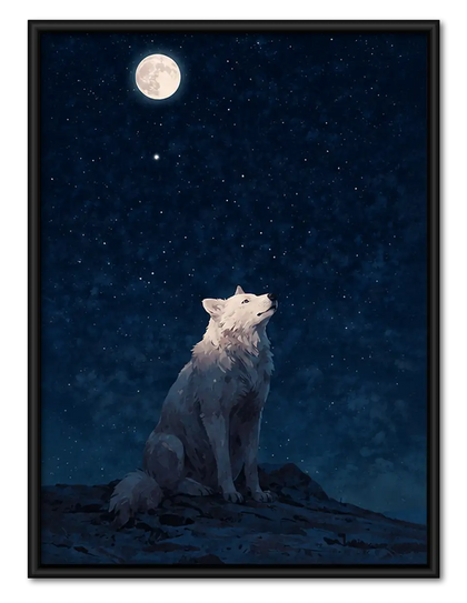 White Cat Gazing at Full Moon Wall Art