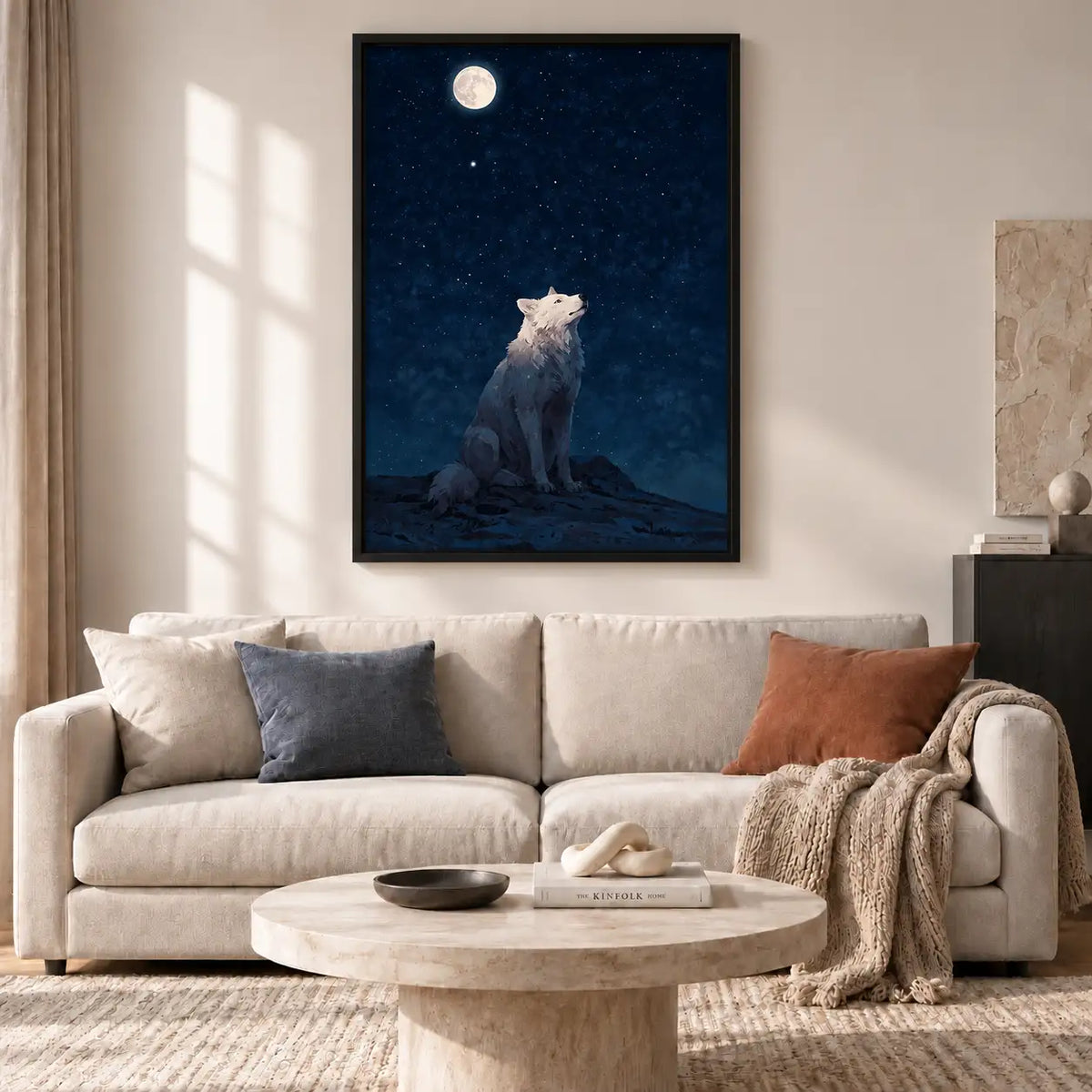 White Cat Gazing at Full Moon Wall Art 2