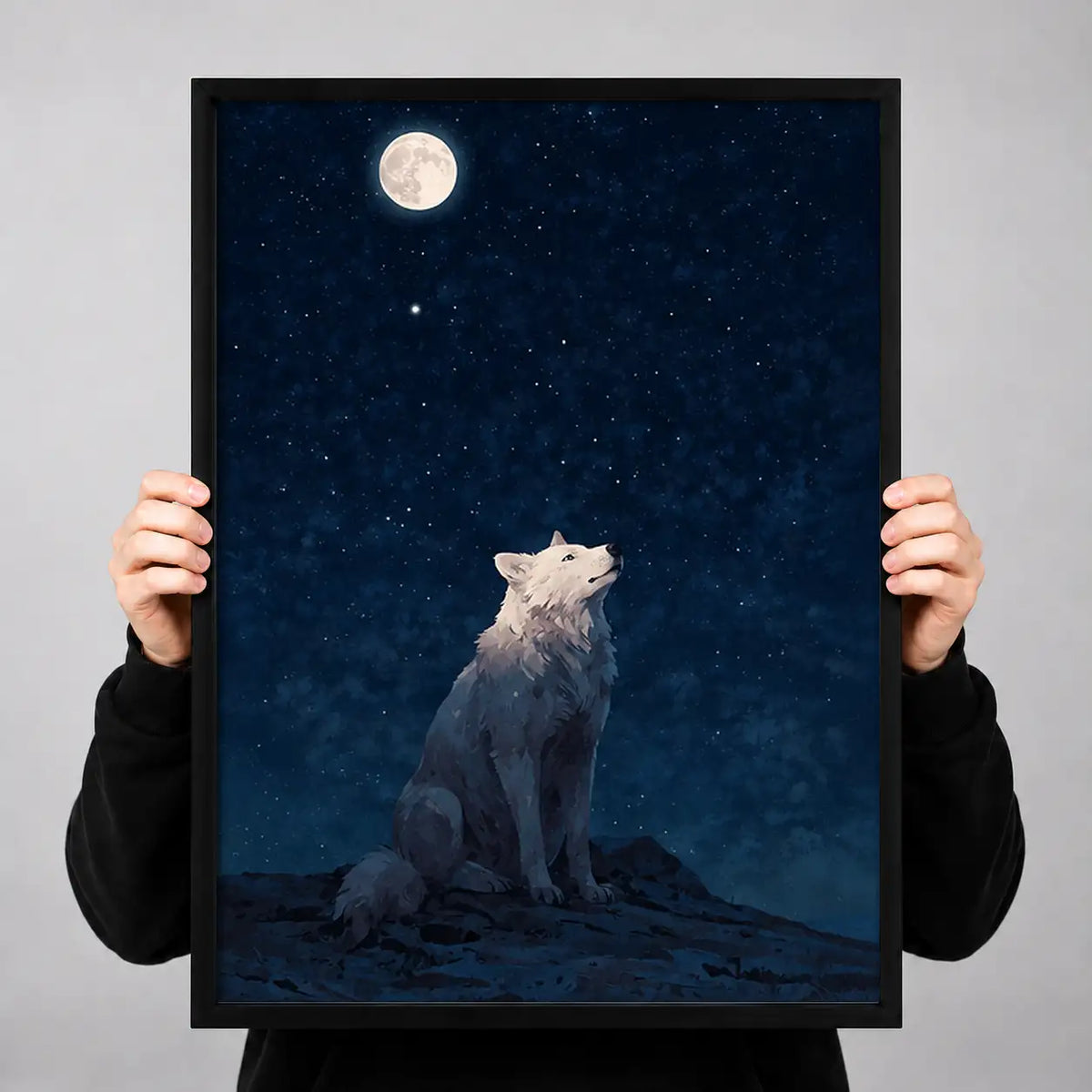 White Cat Gazing at Full Moon Wall Art 3