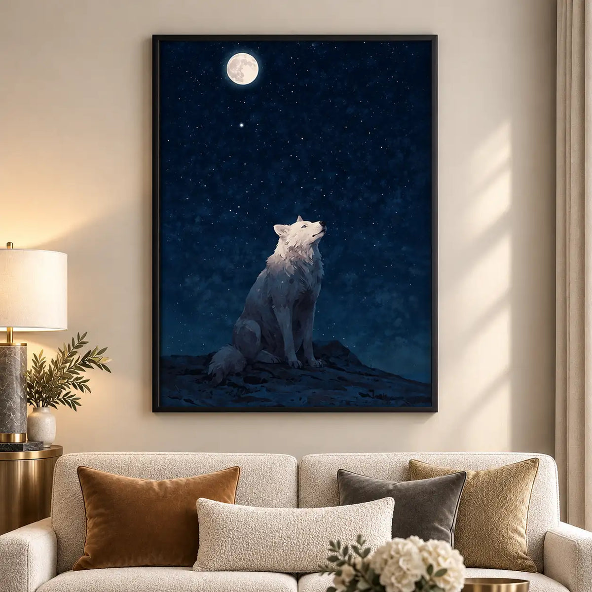 White Cat Gazing at Full Moon Wall Art 5