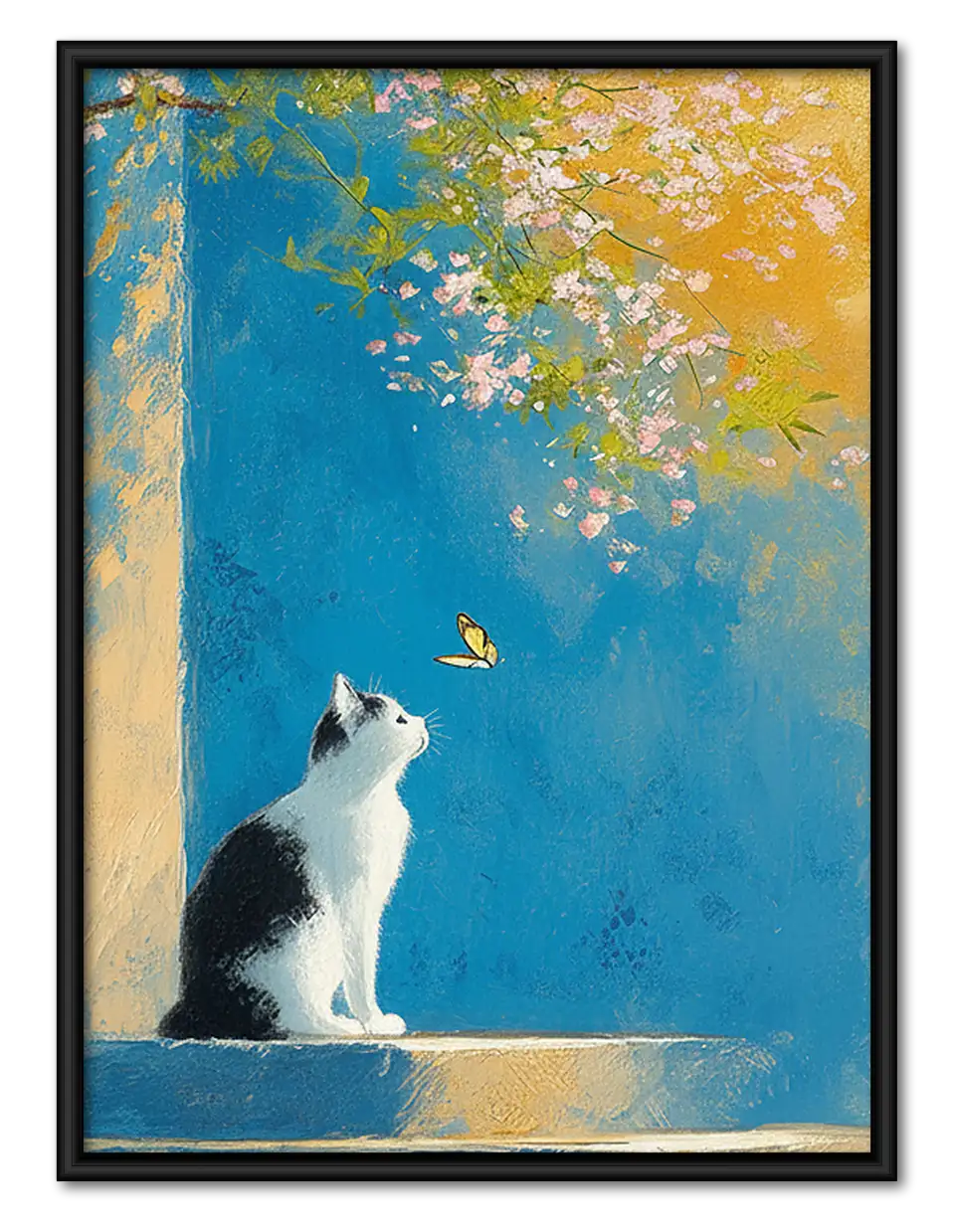 White Cat in Blue Gold Abstract Wall Art 1
