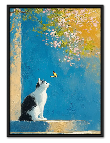White Cat in Blue Gold Abstract Wall Art