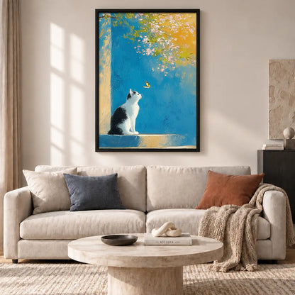 White Cat in Blue Gold Abstract Wall Art 2