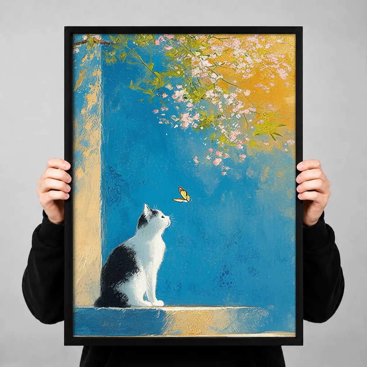 White Cat in Blue Gold Abstract Wall Art 3