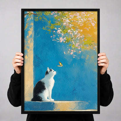 White Cat in Blue Gold Abstract Wall Art 3