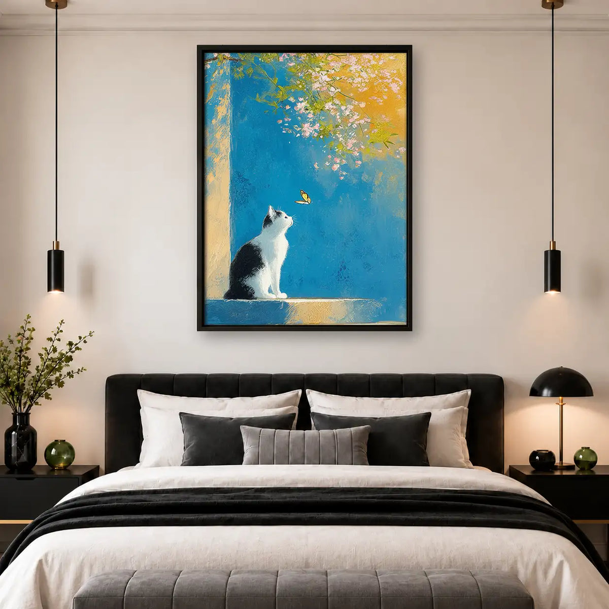 White Cat in Blue Gold Abstract Wall Art 4