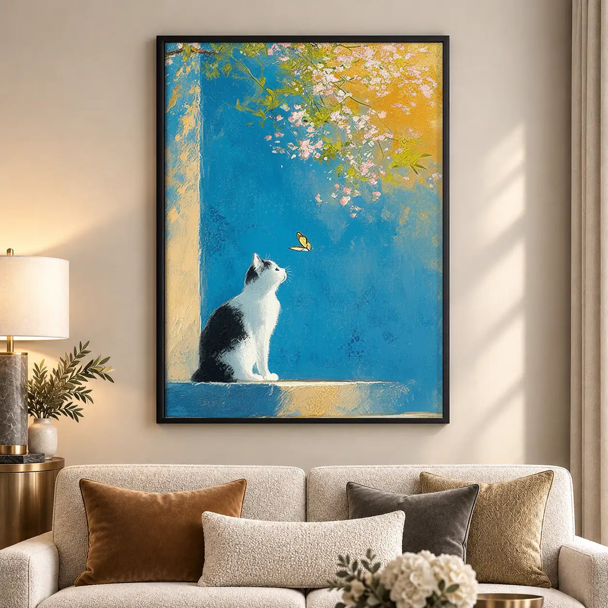 White Cat in Blue Gold Abstract Wall Art 5