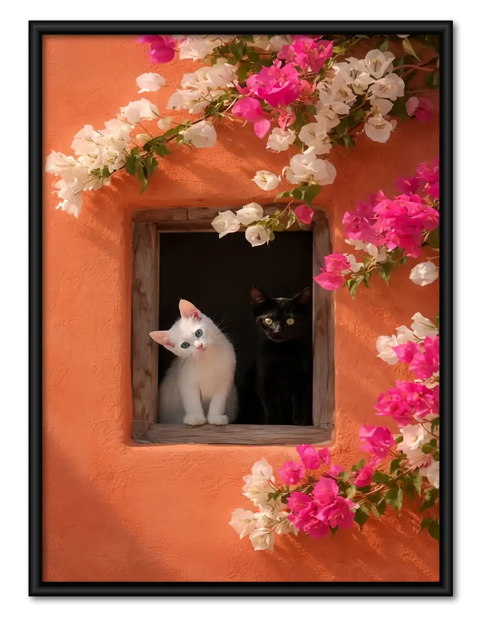 White Cat in Flower Framed Window Wall Art 1