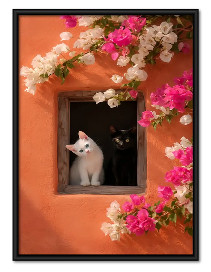 White Cat in Flower Framed Window Wall Art