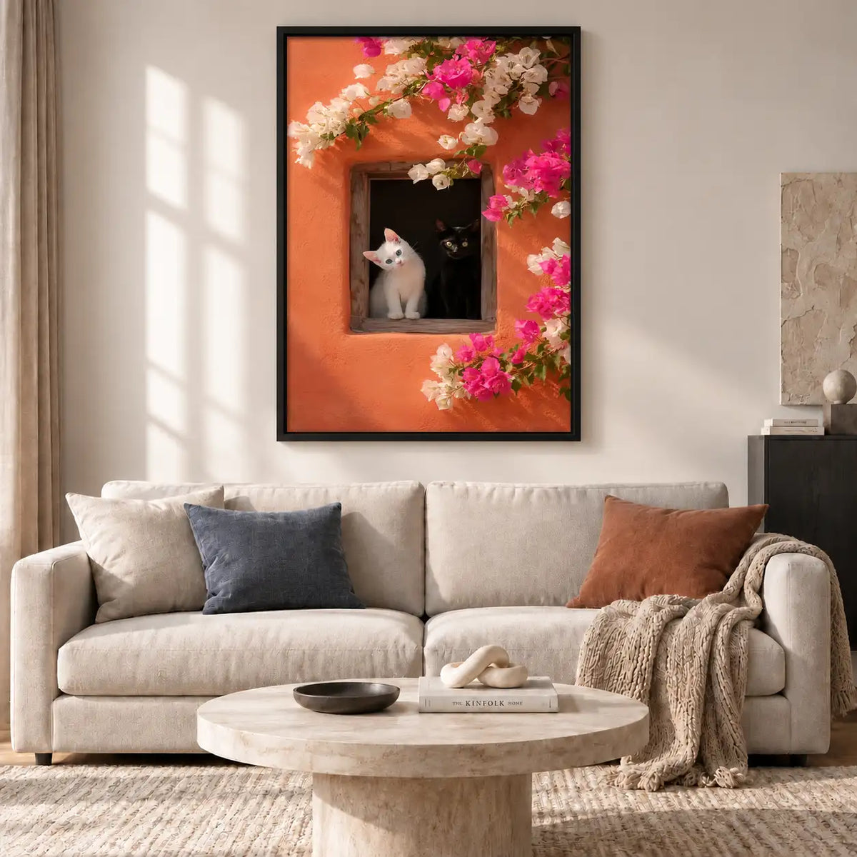 White Cat in Flower Framed Window Wall Art 2