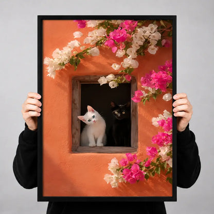 White Cat in Flower Framed Window Wall Art 3