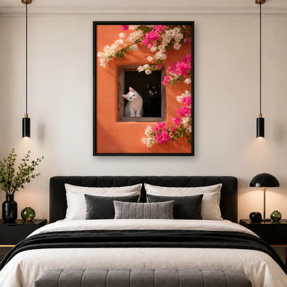 White Cat in Flower Framed Window Wall Art 4