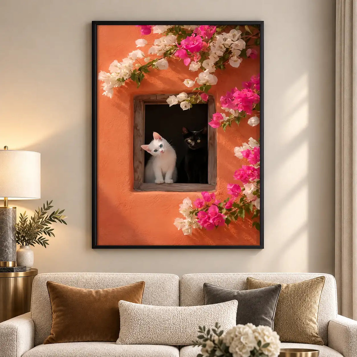 White Cat in Flower Framed Window Wall Art 5
