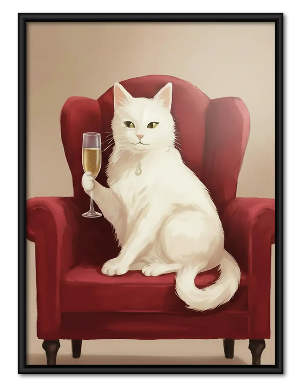 White Cat in Red Armchair Wall Art 1