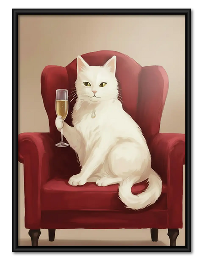 White Cat in Red Armchair Wall Art 1