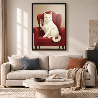White Cat in Red Armchair Wall Art 2