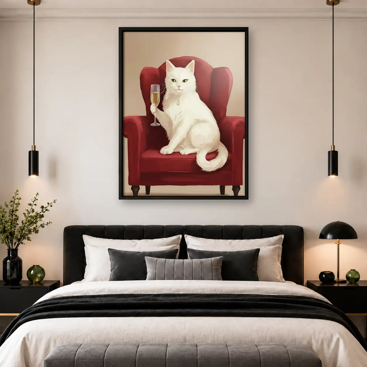 White Cat in Red Armchair Wall Art 4
