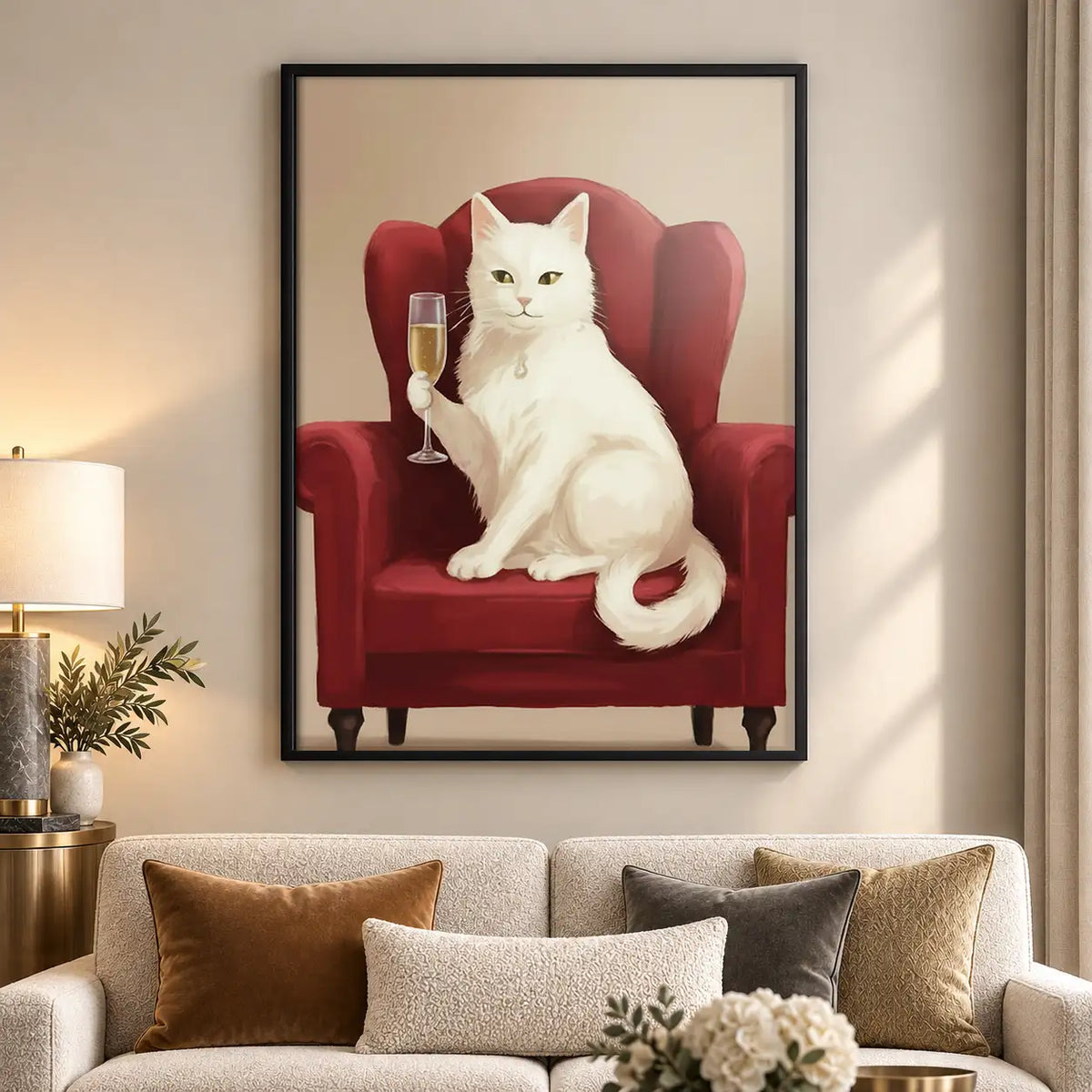 White Cat in Red Armchair Wall Art 5