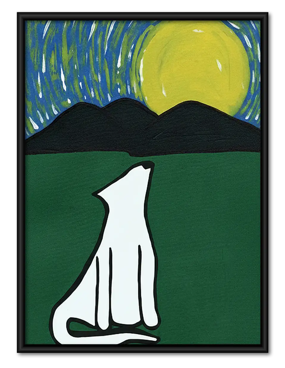 White Cat Silhouette Under Green Moon Wall Art 1