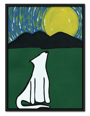 White Cat Silhouette Under Green Moon Wall Art