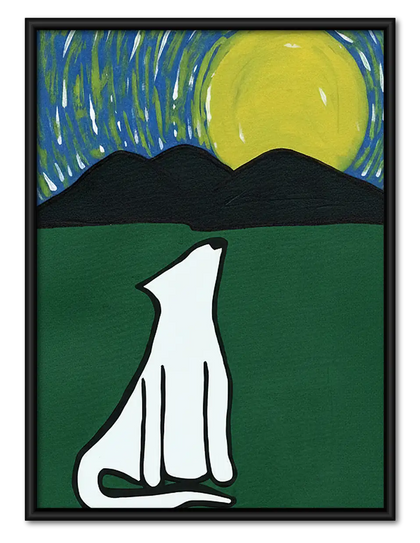 White Cat Silhouette Under Green Moon Wall Art