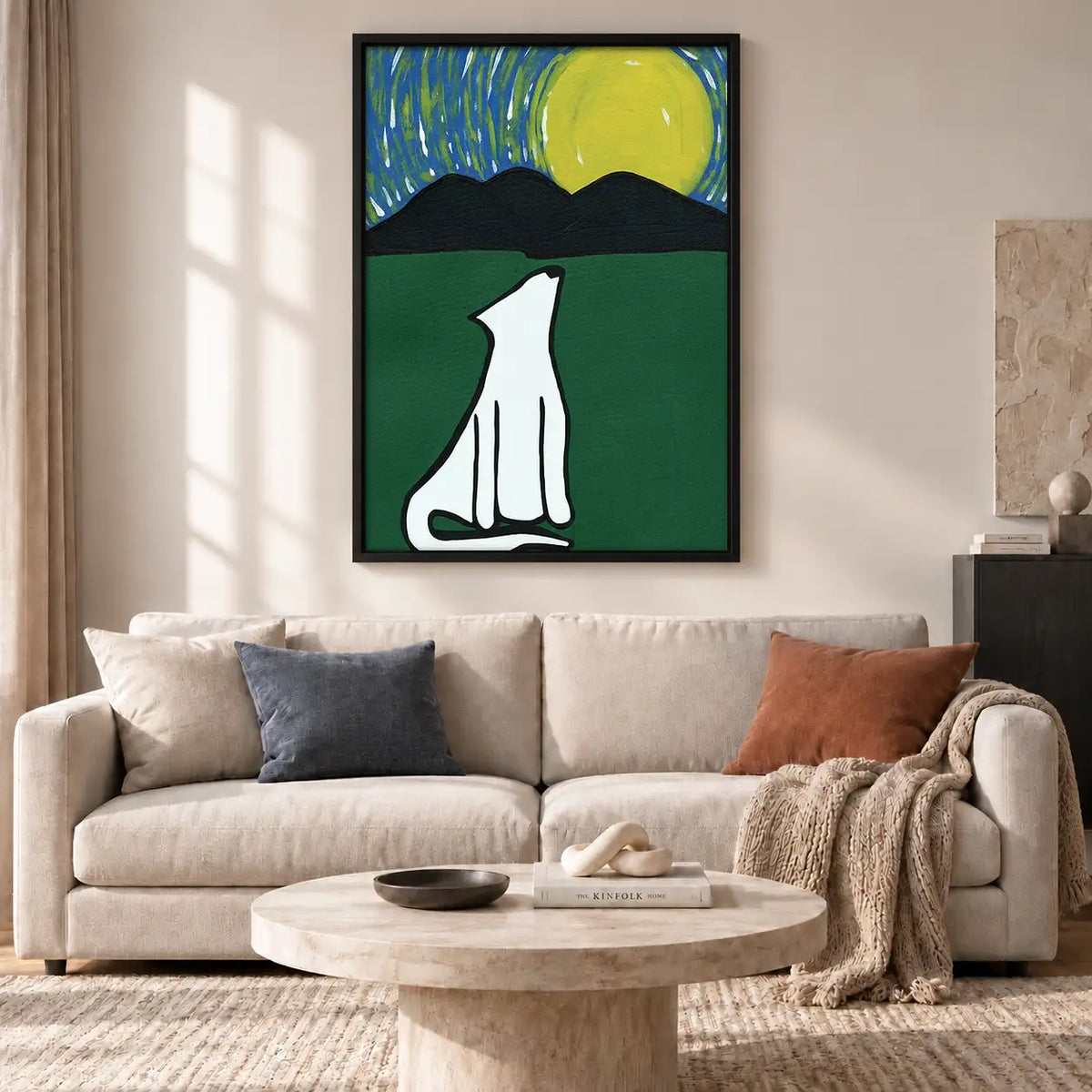 White Cat Silhouette Under Green Moon Wall Art 2