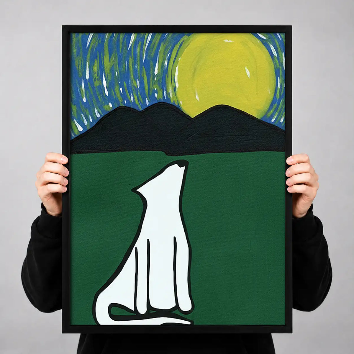 White Cat Silhouette Under Green Moon Wall Art 3
