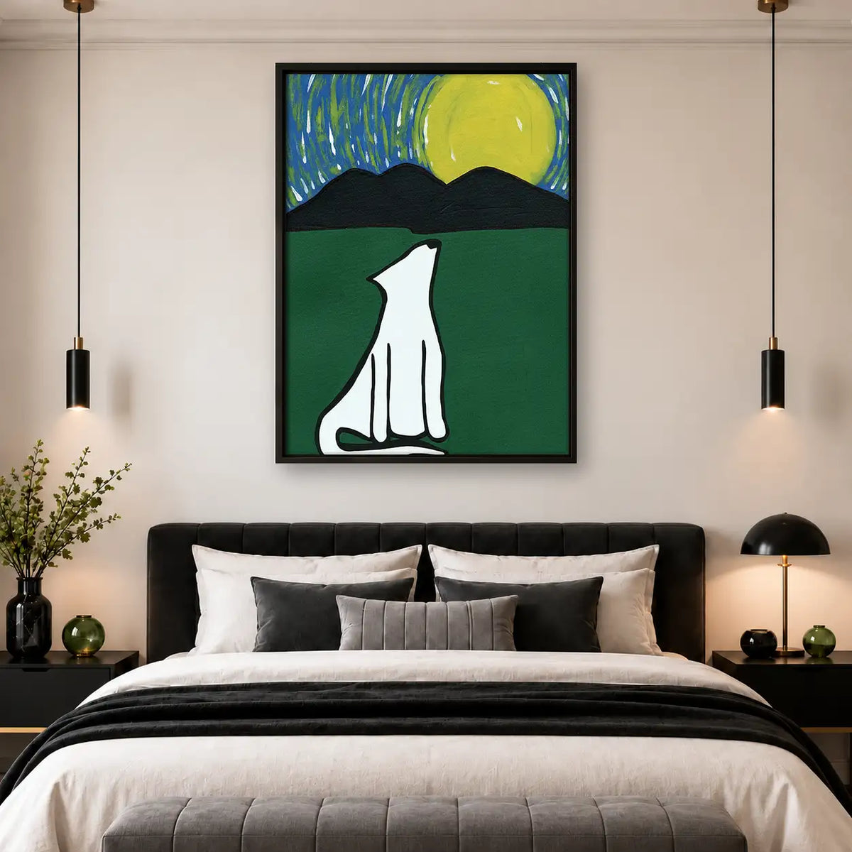 White Cat Silhouette Under Green Moon Wall Art 4