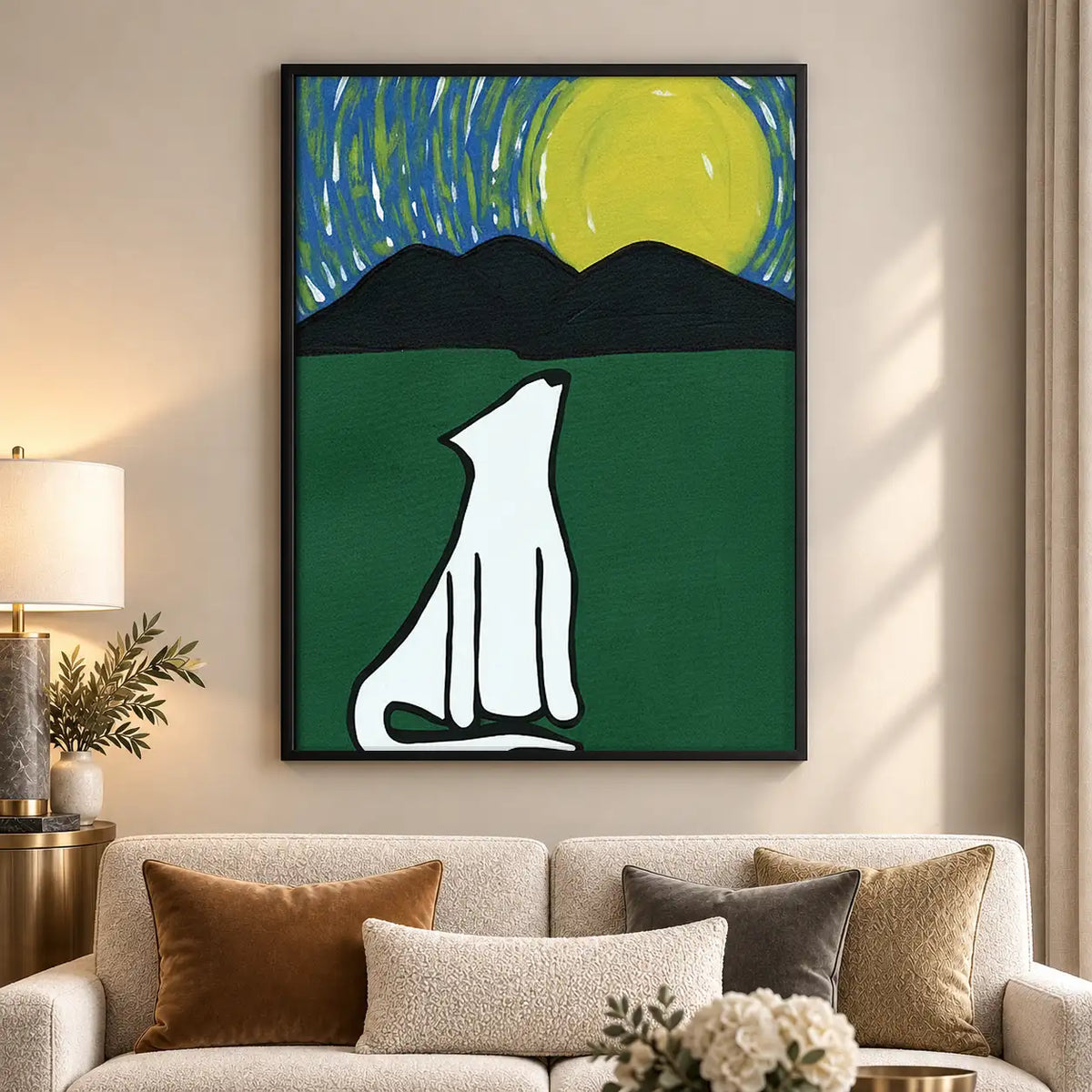 White Cat Silhouette Under Green Moon Wall Art 5
