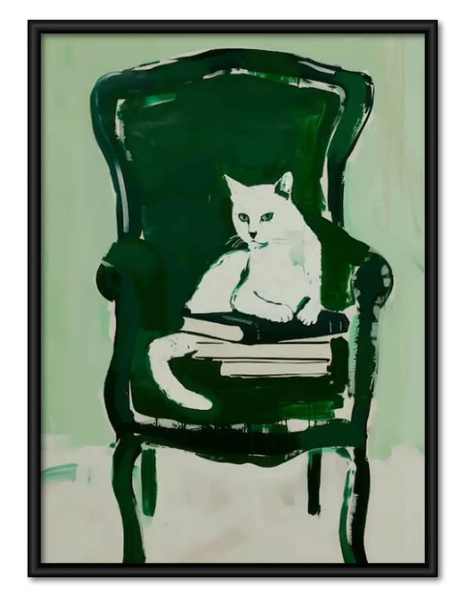 White Cat Sitting in Green Armchair Wall Art 1