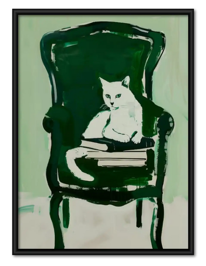 White Cat Sitting in Green Armchair Wall Art