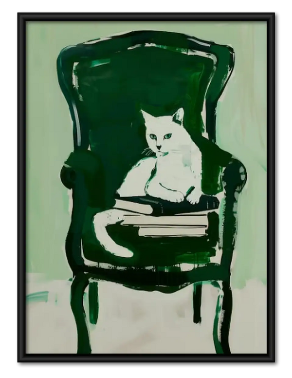 White Cat Sitting in Green Armchair Wall Art