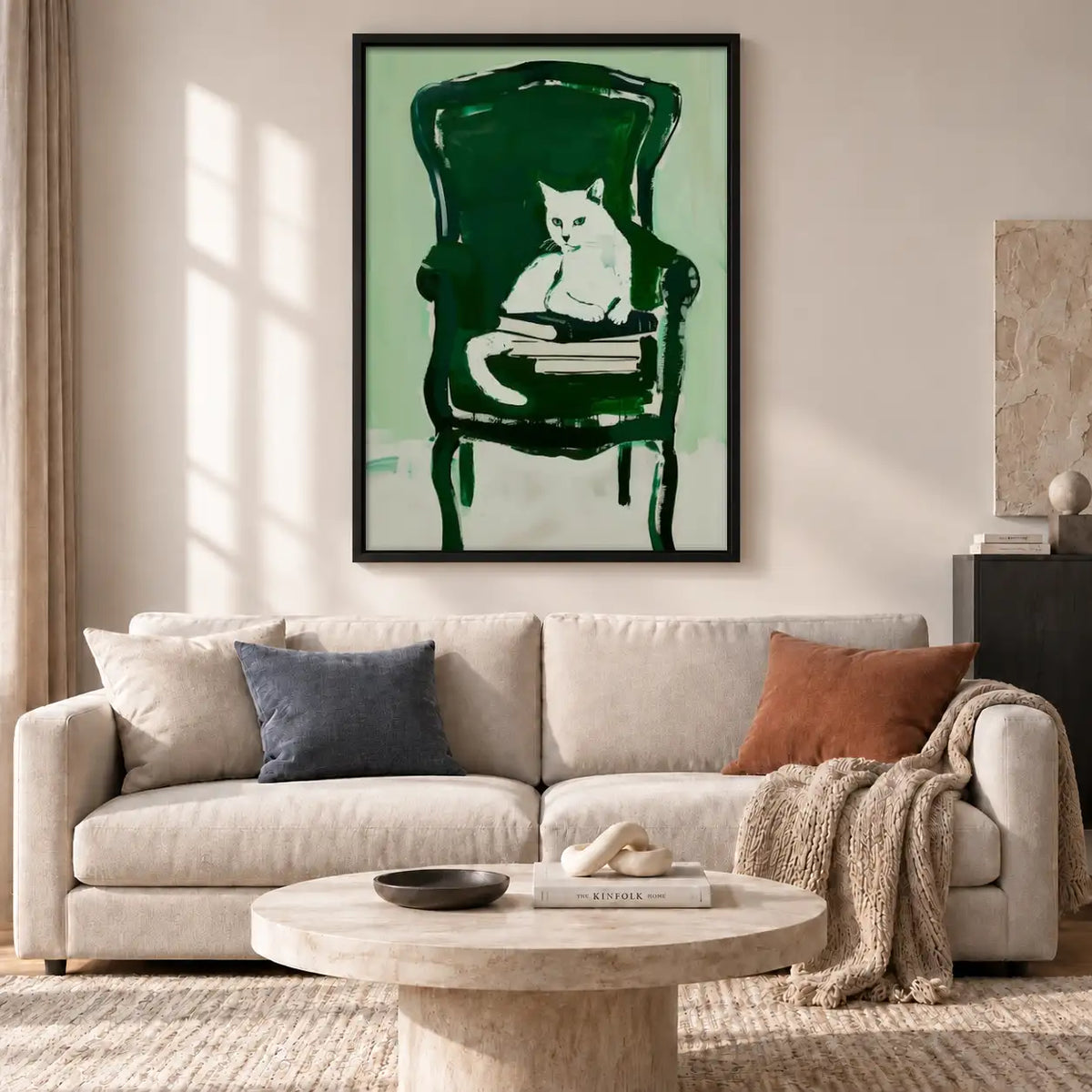 White Cat Sitting in Green Armchair Wall Art 2