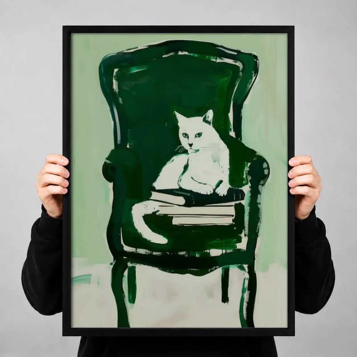 White Cat Sitting in Green Armchair Wall Art 3