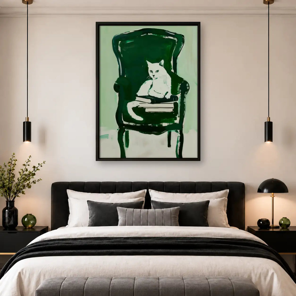 White Cat Sitting in Green Armchair Wall Art 4