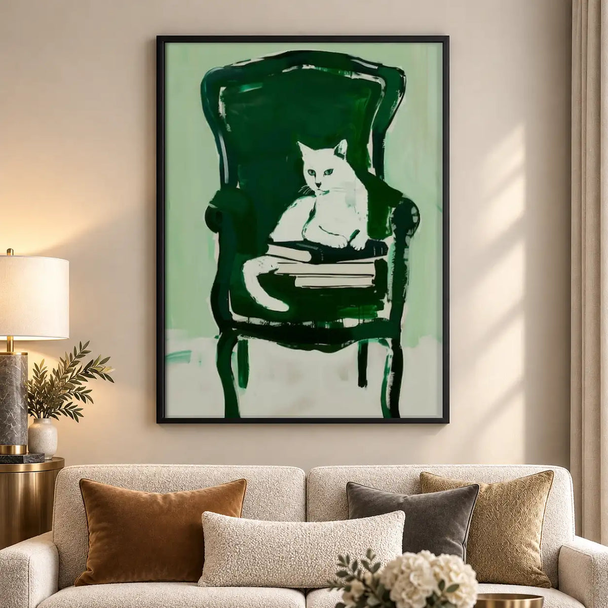 White Cat Sitting in Green Armchair Wall Art 5