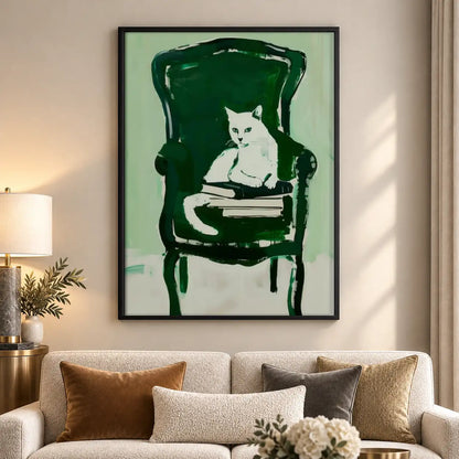 White Cat Sitting in Green Armchair Wall Art 5
