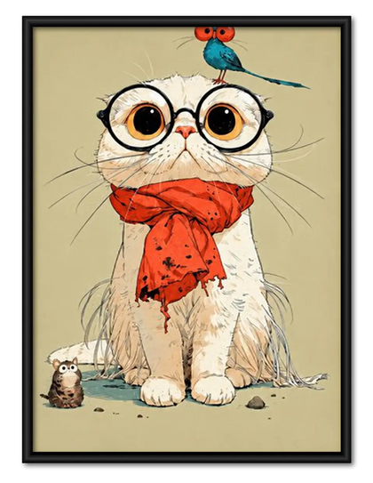 White Cat Wearing Red Scarf Wall Art