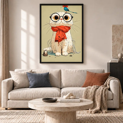 White Cat Wearing Red Scarf Wall Art 2