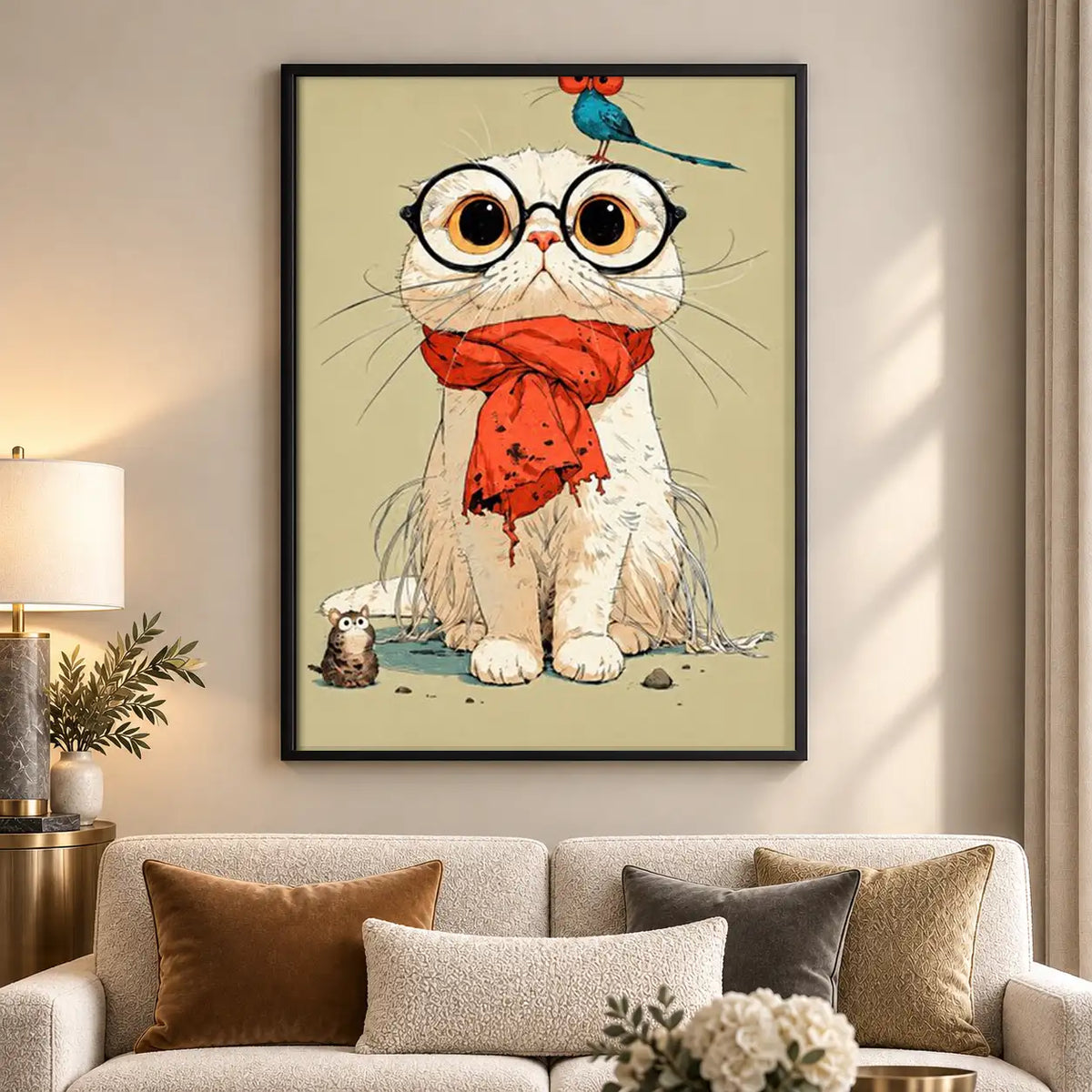 White Cat Wearing Red Scarf Wall Art 5