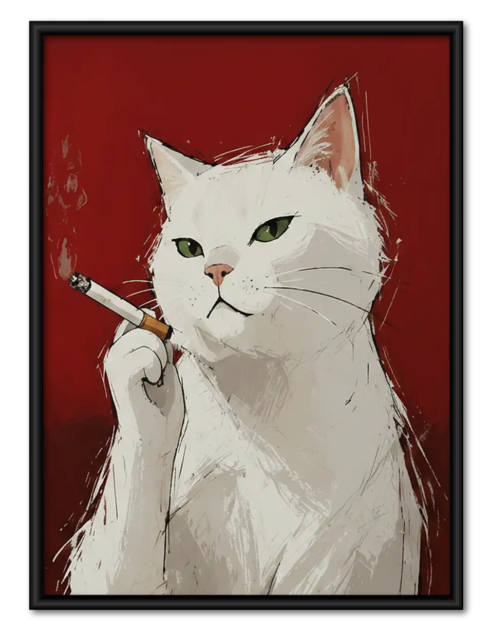 White Cat with Cocktail on Red Wall Art 1